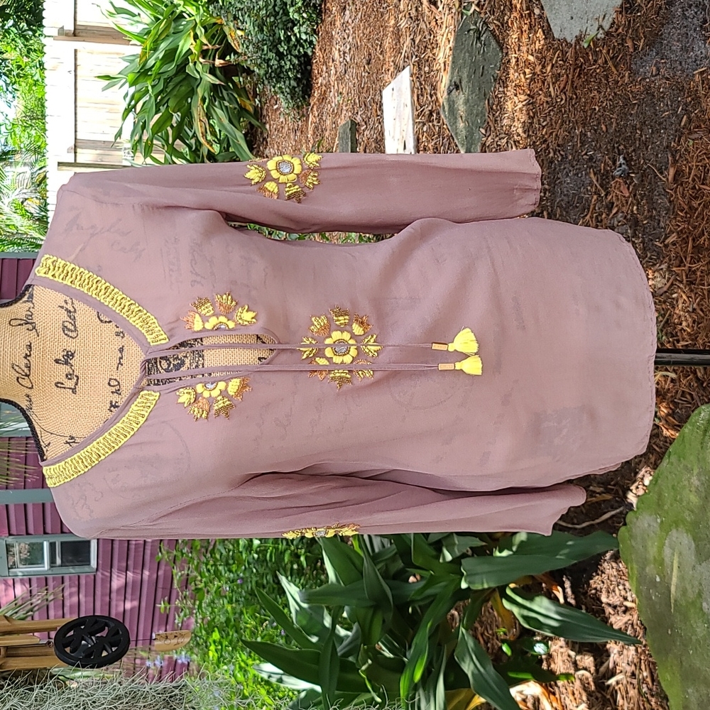 Ondademar sheer silk taupe yellow beaded/embroidered blouse Sz S. Gently Worn